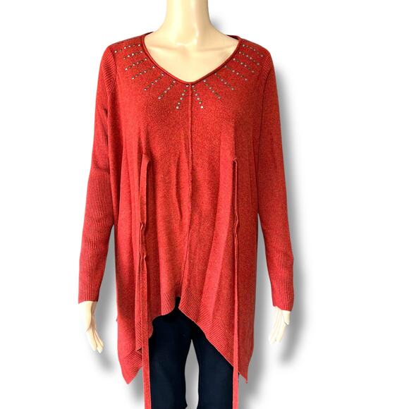 One World Womens Tunic Sweater Pullover Asymmetrical Studded Burnt Orange Medium - Picture 4 of 11